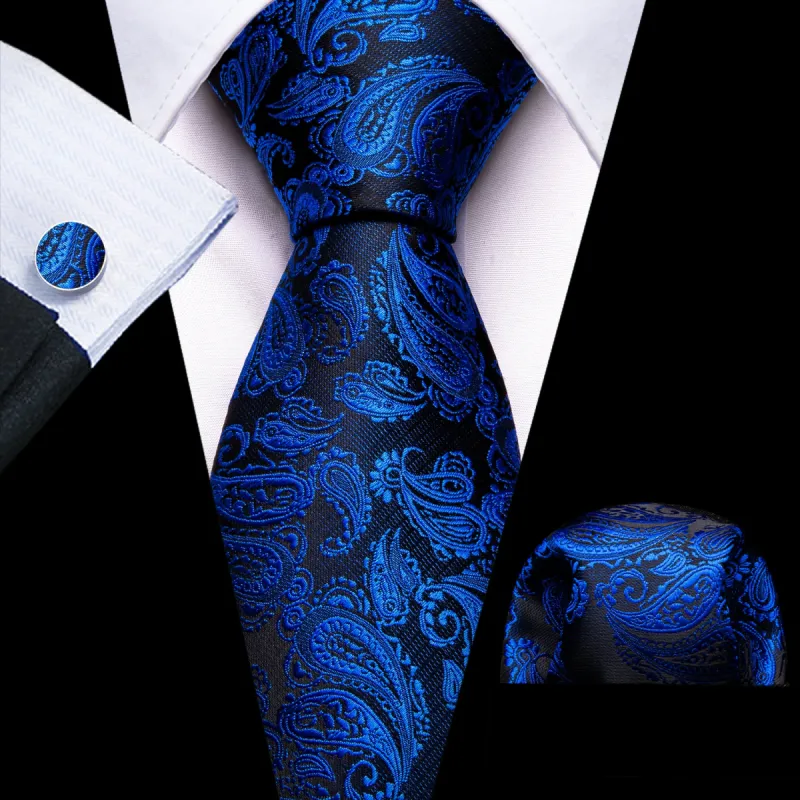 Barry. Wang Blue Paisley Tie 63" Extra Long Ties Hanky Cufflinks Set sold by Barrywang