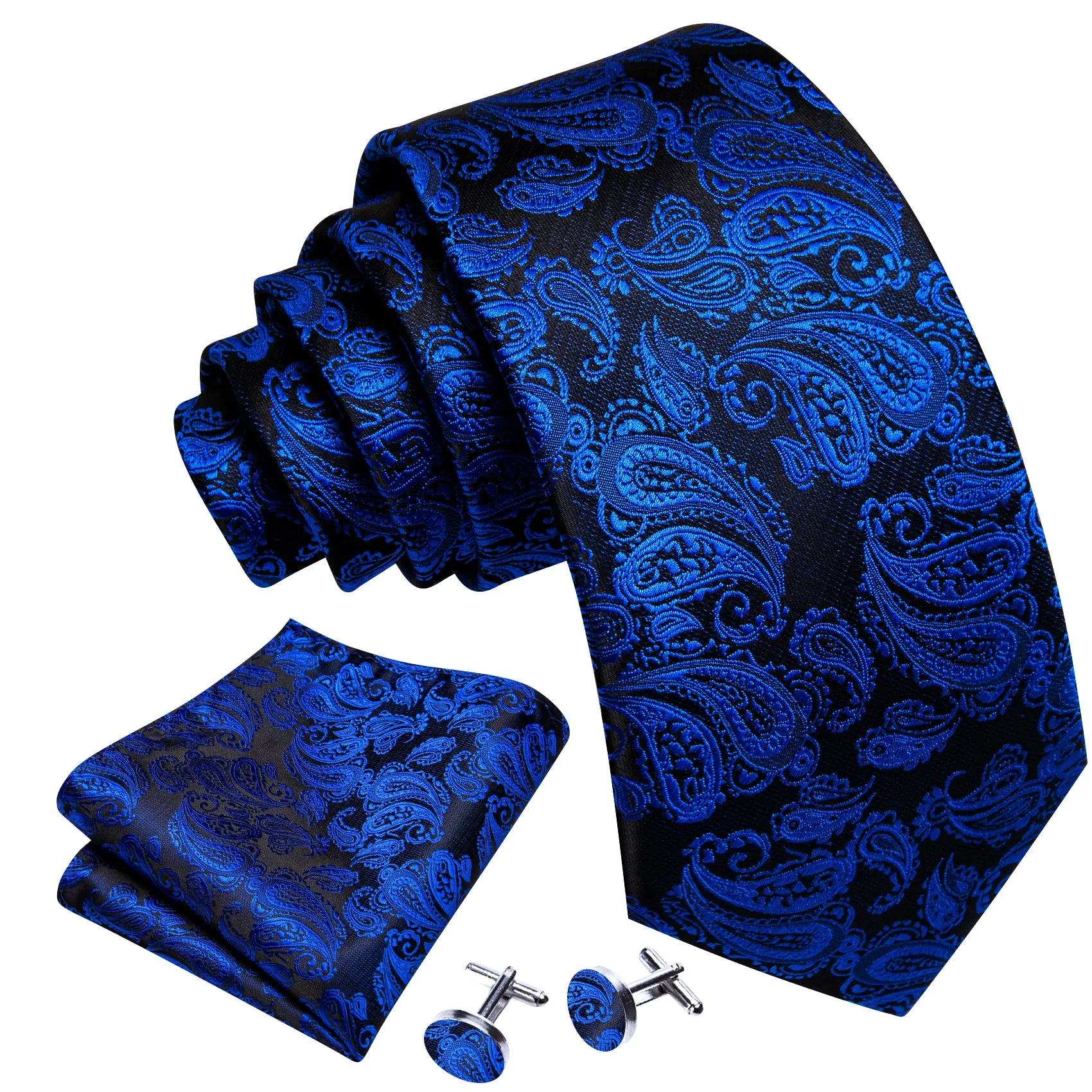 Barry. Wang Blue Paisley Tie 63" Extra Long Ties Hanky Cufflinks Set sold by Barrywang product image thumbnail 5