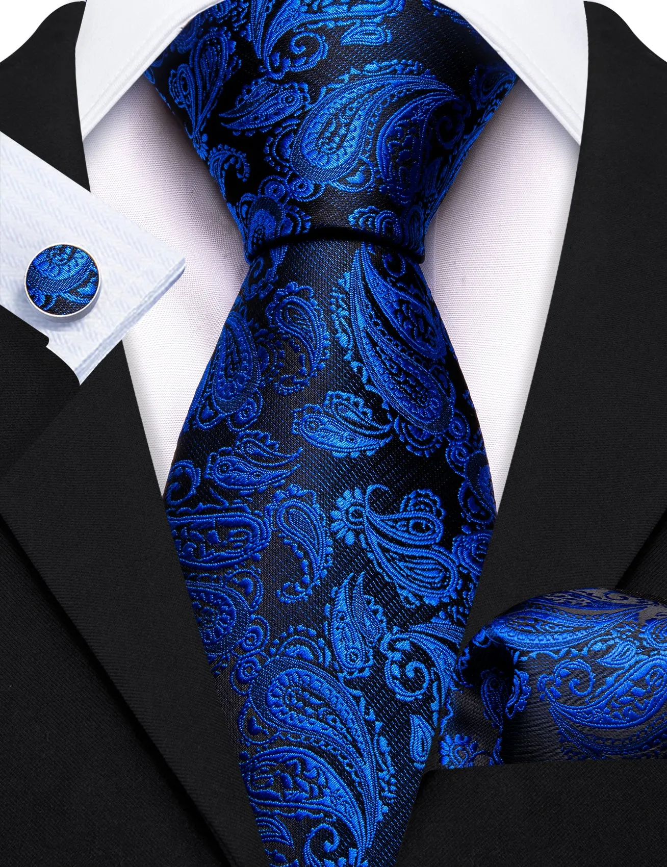 Barry. Wang Blue Paisley Tie 63" Extra Long Ties Hanky Cufflinks Set sold by Barrywang product image thumbnail 4