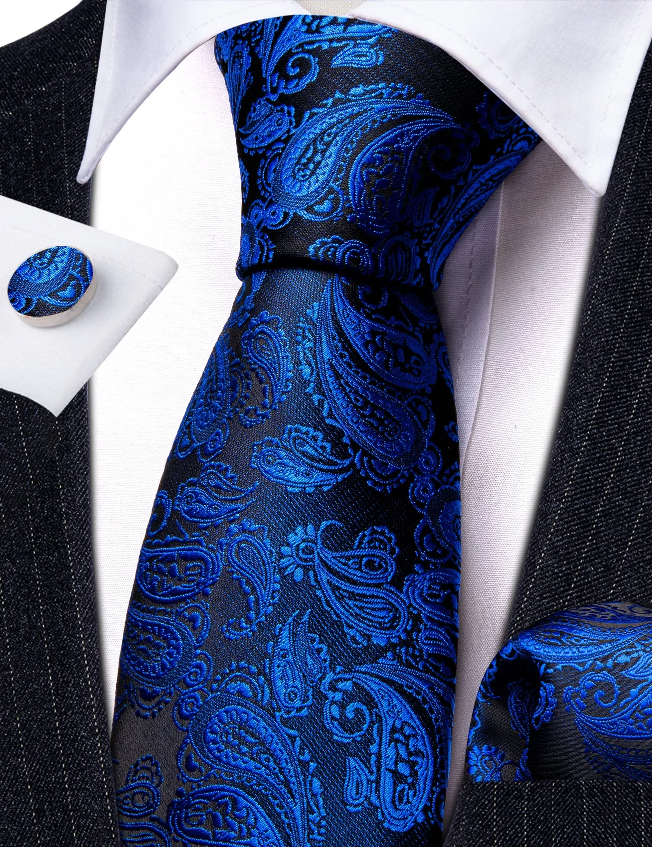 Barry. Wang Blue Paisley Tie 63" Extra Long Ties Hanky Cufflinks Set sold by Barrywang product image thumbnail 3