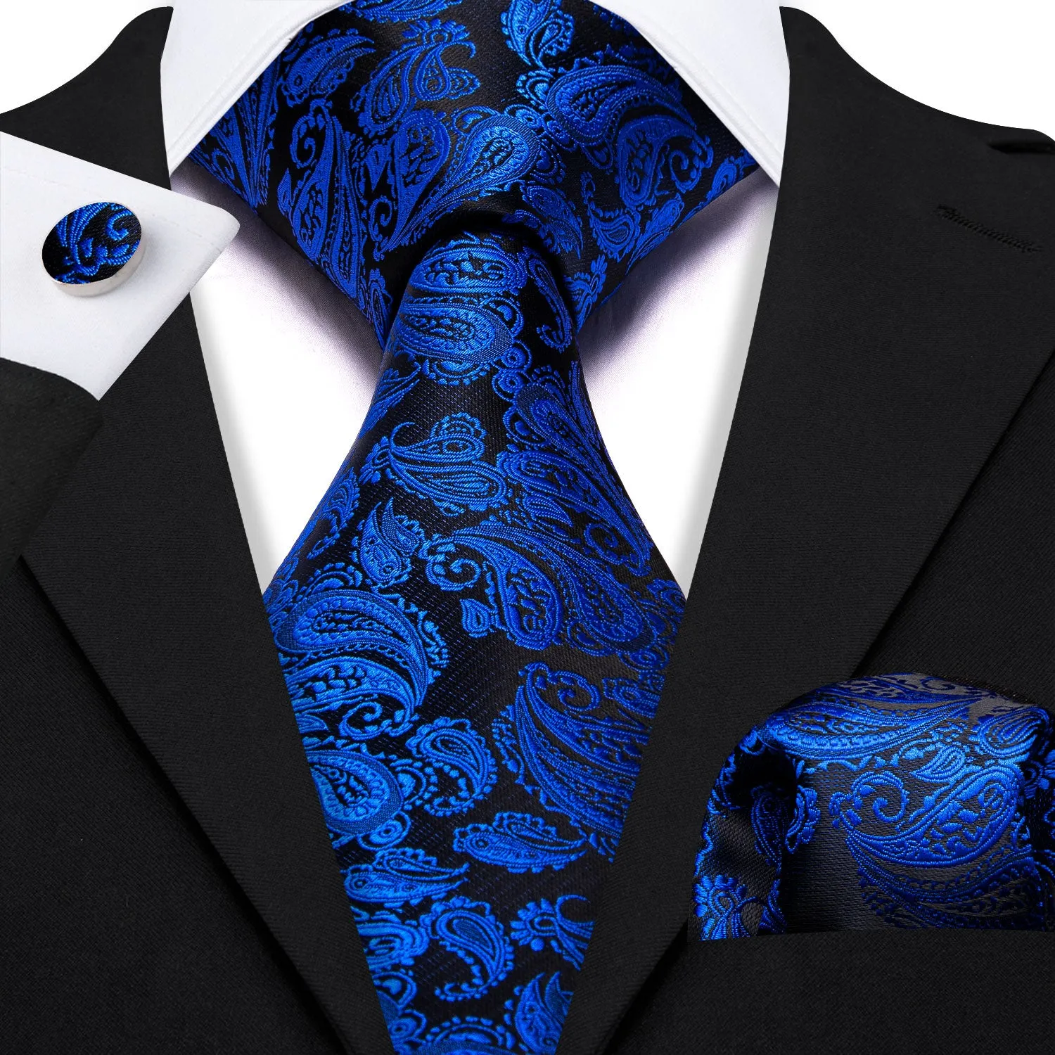 Barry. Wang Blue Paisley Tie 63" Extra Long Ties Hanky Cufflinks Set sold by Barrywang product image thumbnail 2