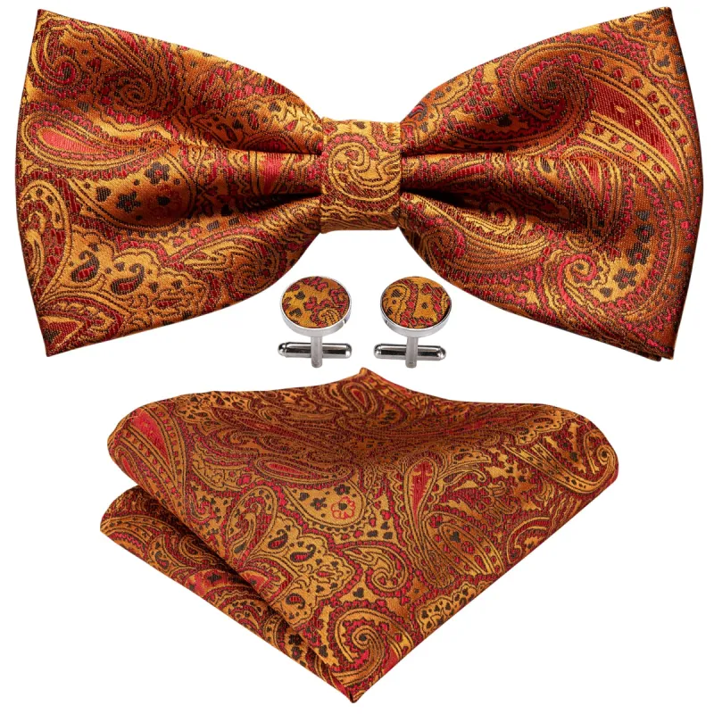 Barry. Wang Orange Paisley Pre-tied Bow Tie Hanky Cufflinks Set sold by Barrywang