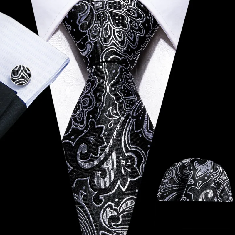 Barry Wang Awesome Black White Flower Tie Pocket Square Cufflinks Set sold by Barrywang
