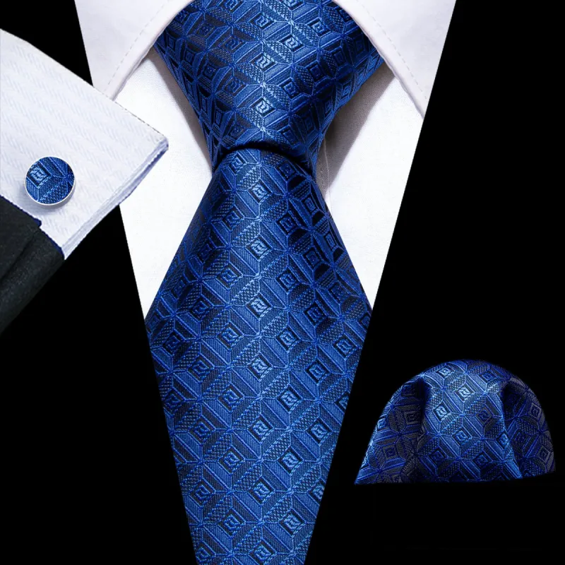 Barry Wang Novelty Blue Plaid Silk Mens Tie Handkerchief Cufflinks Set sold by Barrywang