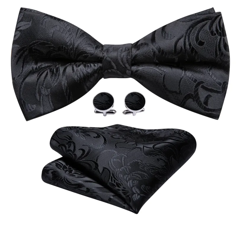Barry Wang Black Bow Tie Paisley Pre-tied Bow Tie Hanky Cufflinks Set sold by Barrywang