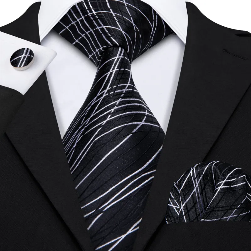 Barry Wang Tie Black White Novelty Silk Tie Hanky Cufflinks Set sold by Barrywang