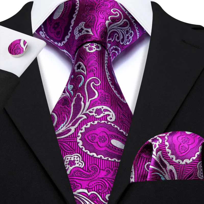 Barry Wang Purple White Paisley Silk Necktie Pocket Square Cufflinks Set sold by Barrywang