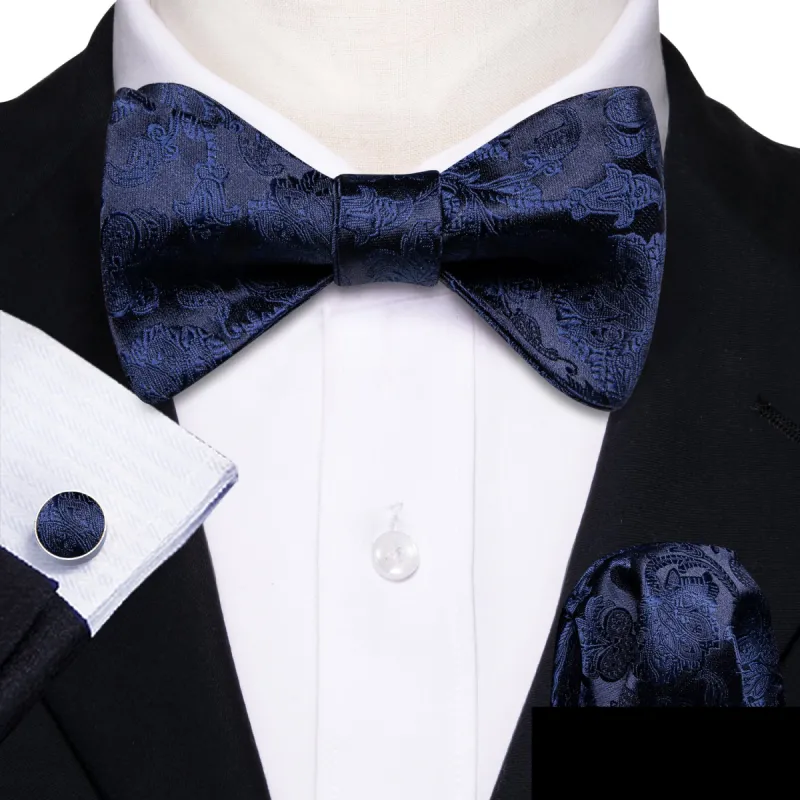 Barry Wang Deep Blue Paisley Silk Self Tie Bow Tie Hanky Cufflinks Set sold by Barrywang