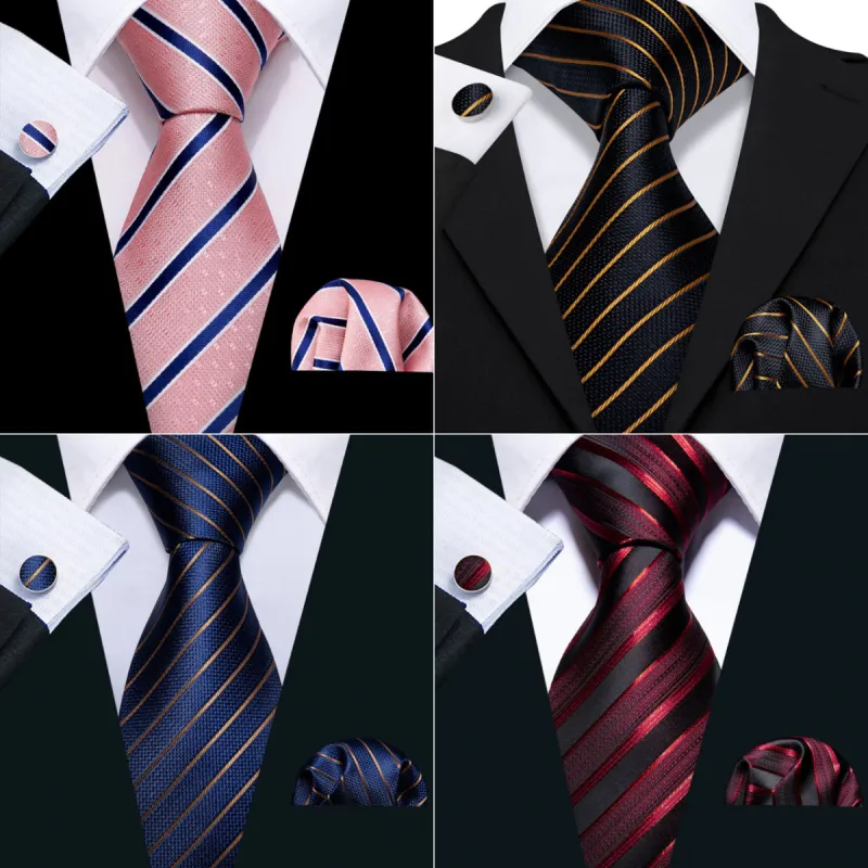 Barry.Wang Men's Tie Stripe Silk Tie Pocket Square Cufflink Set 4PCS sold by Barrywang