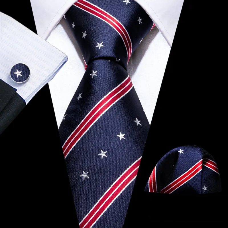 Barry Wang Dark Blue Tie Red Stripe Men's Necktie Hanky Cufflinks Set sold by Barrywang
