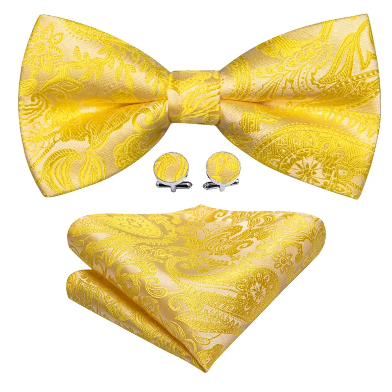 Barry Wang Gold Yellow Paisley Pre-tied Bow Tie Hanky Cufflinks Set sold by Barrywang
