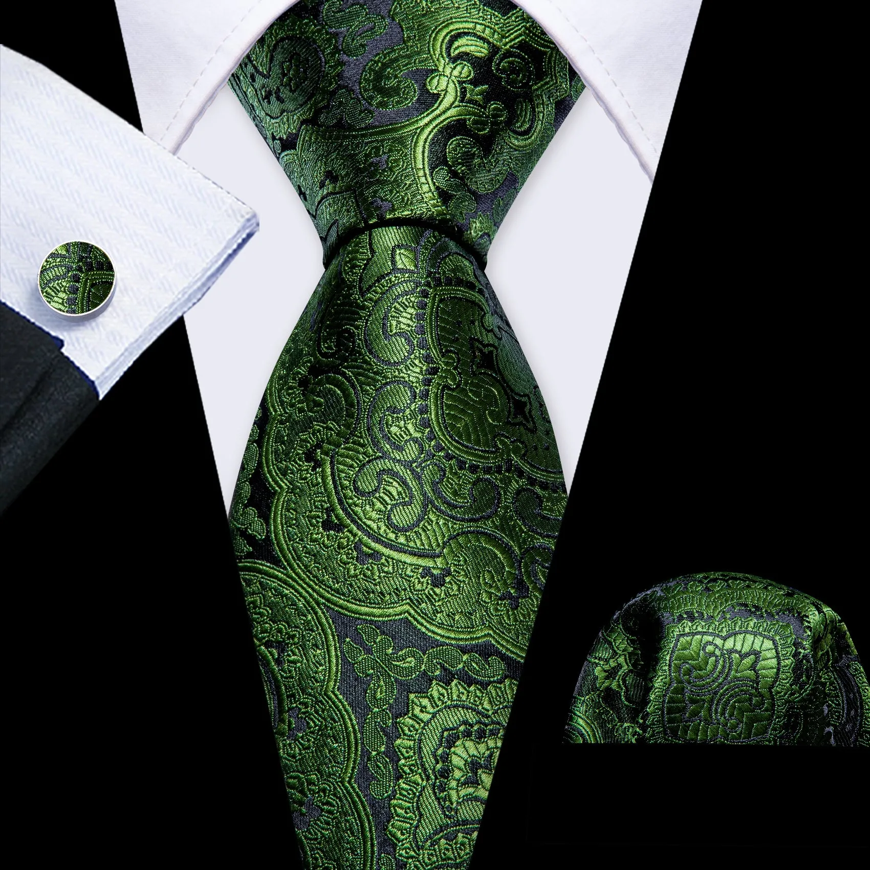 Olivedrab Paisley Silk Men's Tie Handkerchief Cufflinks Set sold by Barrywang