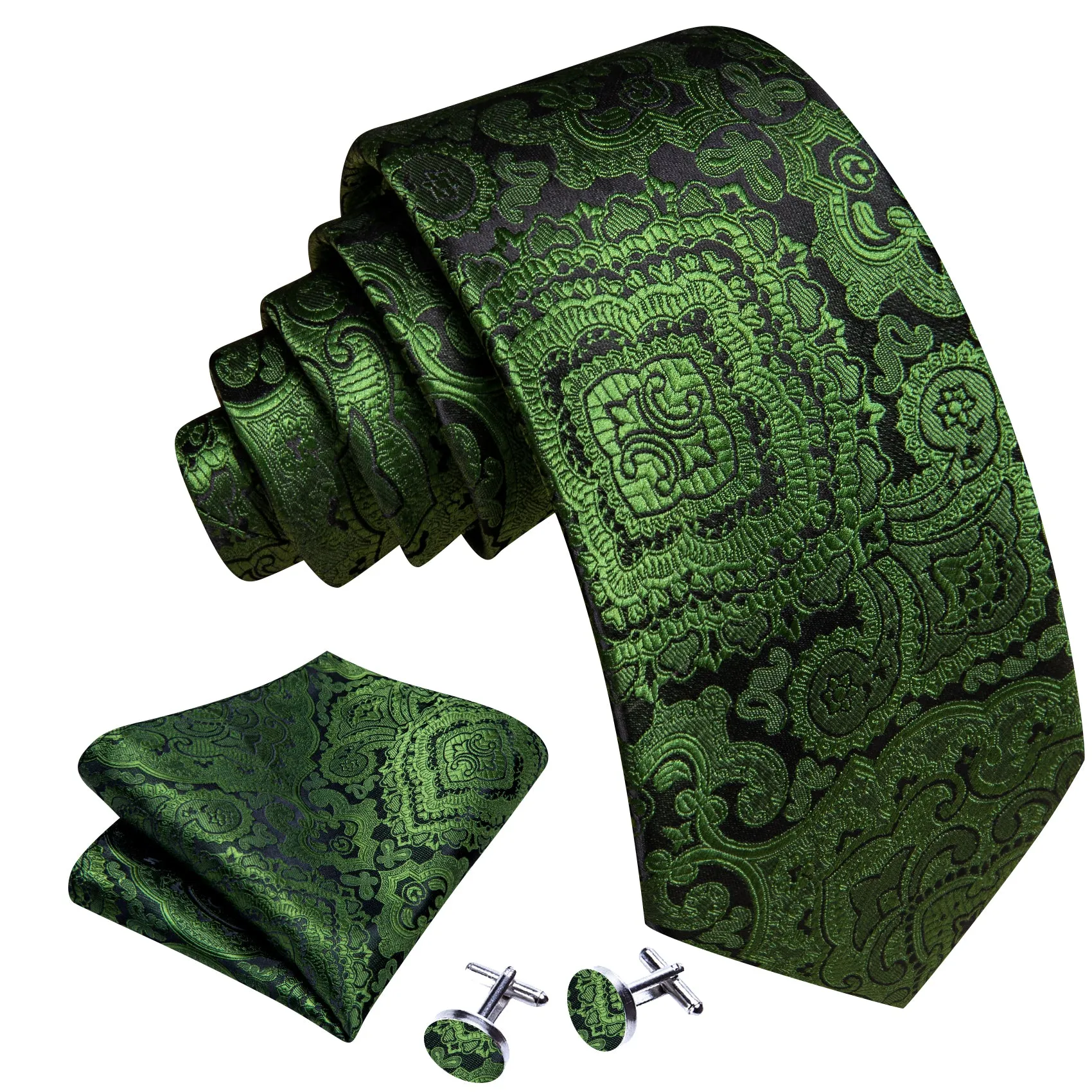 Olivedrab Paisley Silk Men's Tie Handkerchief Cufflinks Set sold by Barrywang product image thumbnail 3