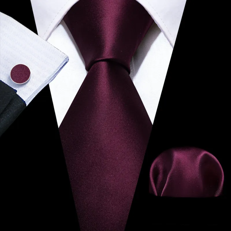 Barry.Wang Solid Tie Wine Red Silk Tie Handkerchief Cufflinks Set for Men sold by Barrywang