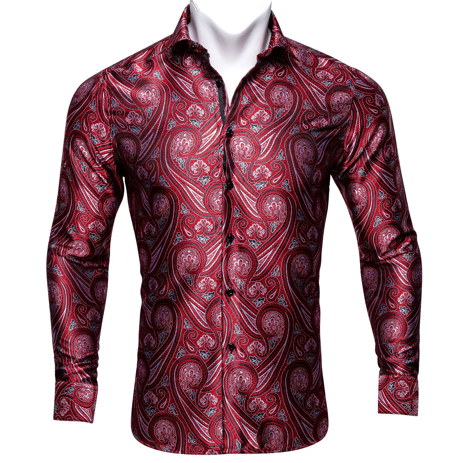 Barry Wang Fashionable Red Paisley Silk Long Sleeve Men's Dress Shirt sold by Barrywang product image thumbnail 2