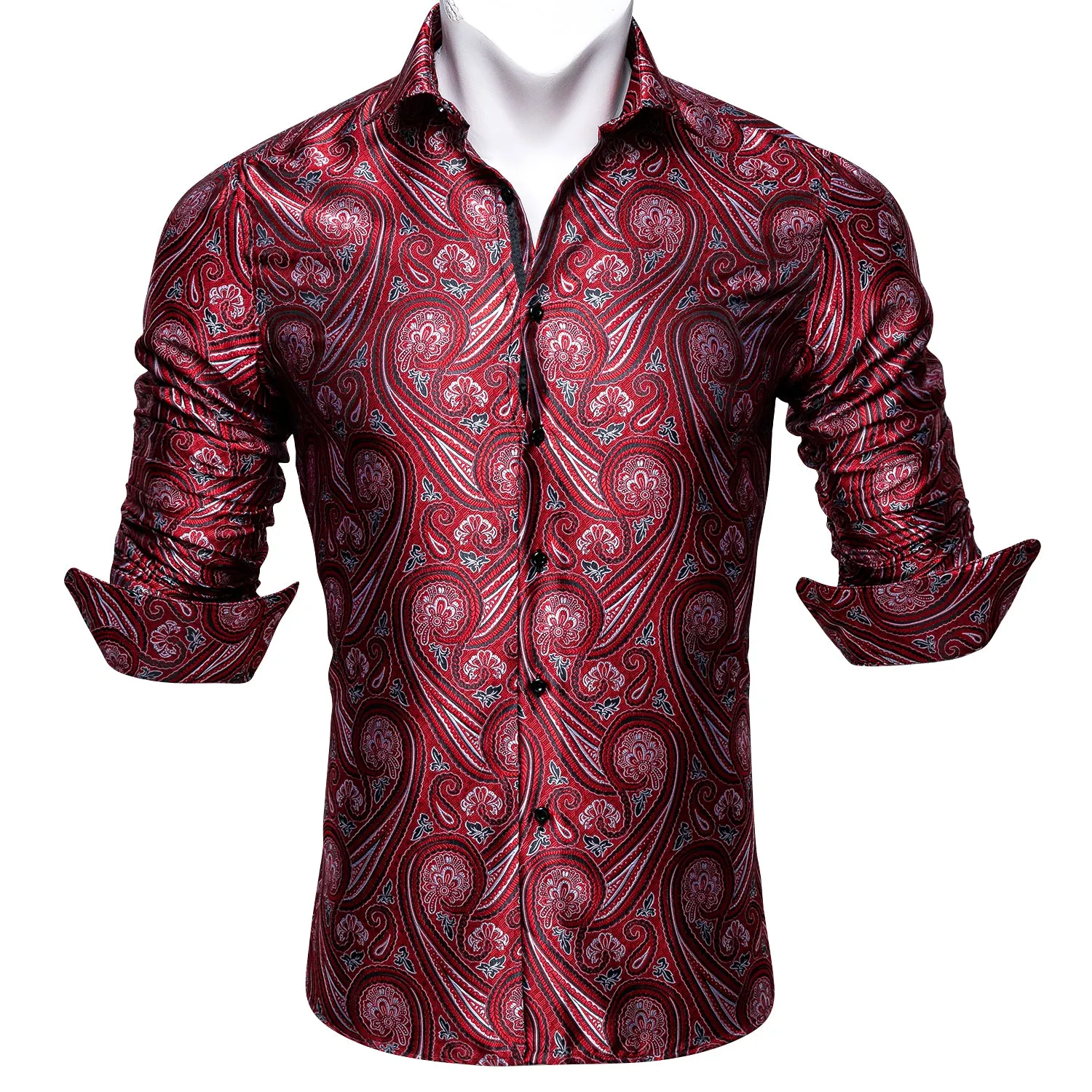 Barry Wang Fashionable Red Paisley Silk Long Sleeve Men's Dress Shirt sold by Barrywang product image thumbnail 5