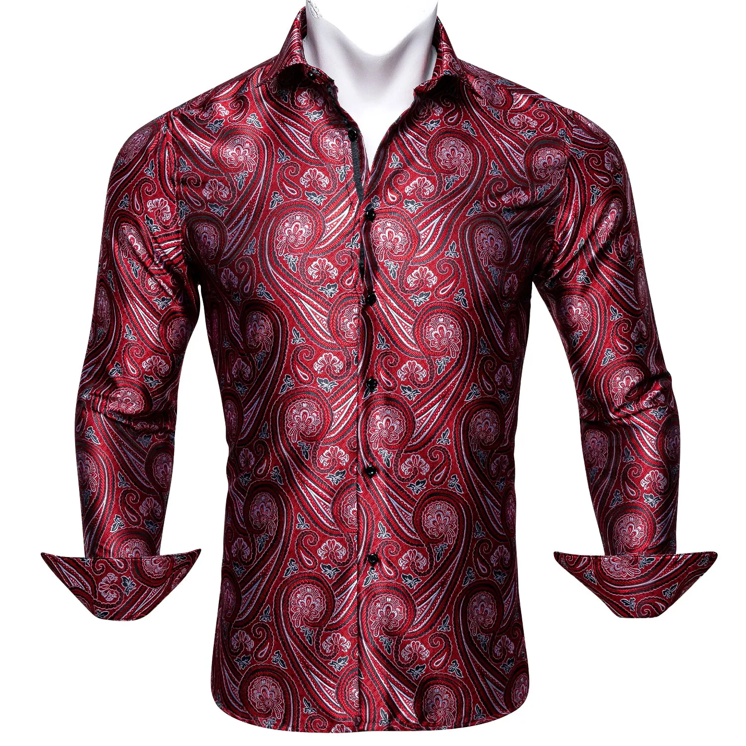 Barry Wang Fashionable Red Paisley Silk Long Sleeve Men's Dress Shirt sold by Barrywang product image thumbnail 3