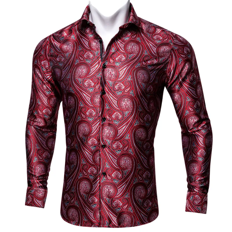 Barry Wang Fashionable Red Paisley Silk Long Sleeve Men's Dress Shirt sold by Barrywang