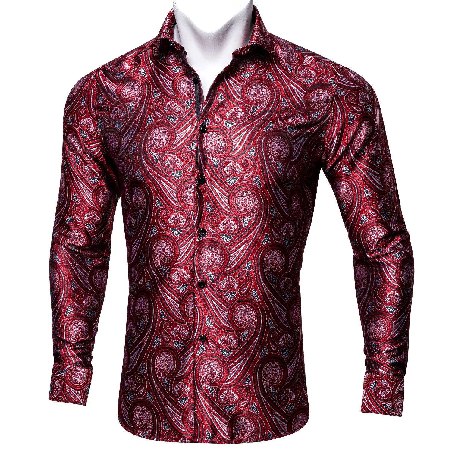 Barry Wang Fashionable Red Paisley Silk Long Sleeve Men's Dress Shirt sold by Barrywang