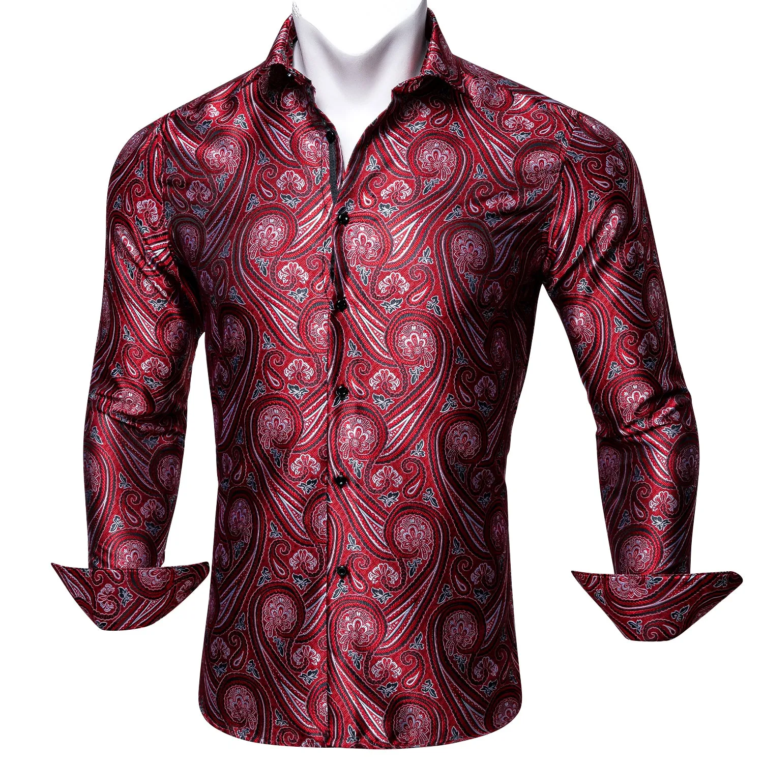 Barry Wang Fashionable Red Paisley Silk Long Sleeve Men's Dress Shirt sold by Barrywang product image thumbnail 4