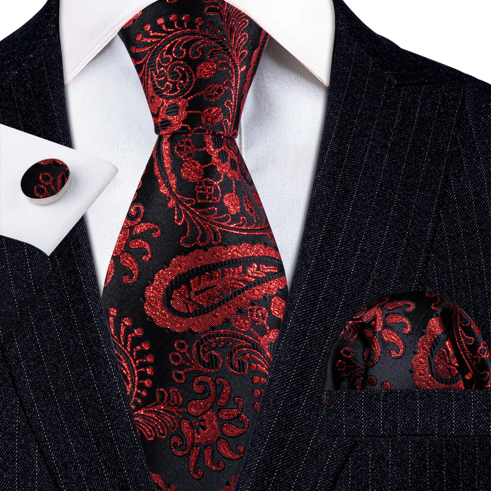 Barry Wang Red Tie Black Paisley Silk Tie Handkerchief Cufflinks Set sold by Barrywang product image thumbnail 4