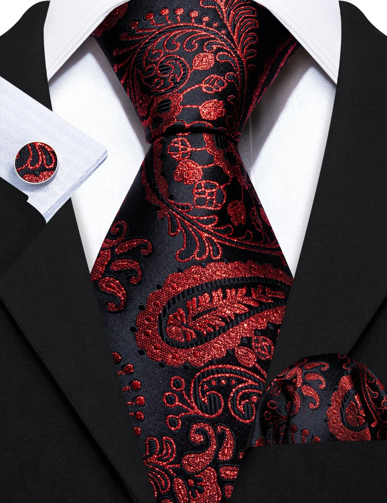 Barry Wang Red Tie Black Paisley Silk Tie Handkerchief Cufflinks Set sold by Barrywang product image thumbnail 3