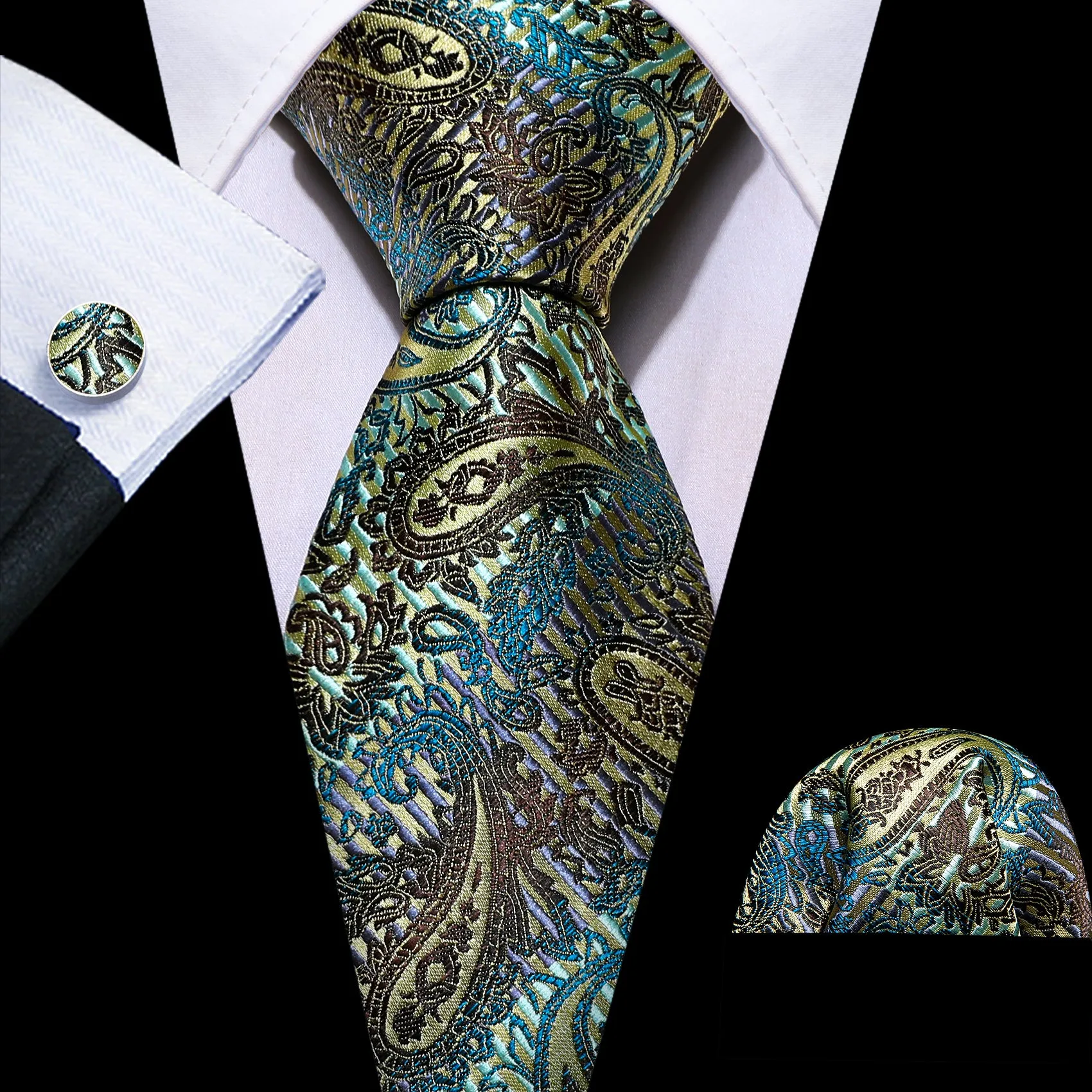 Barry.Wang Black Tie Gold Paisley Men's Silk Tie Pocket Square Cufflinks Set 59 Inches sold by Barrywang