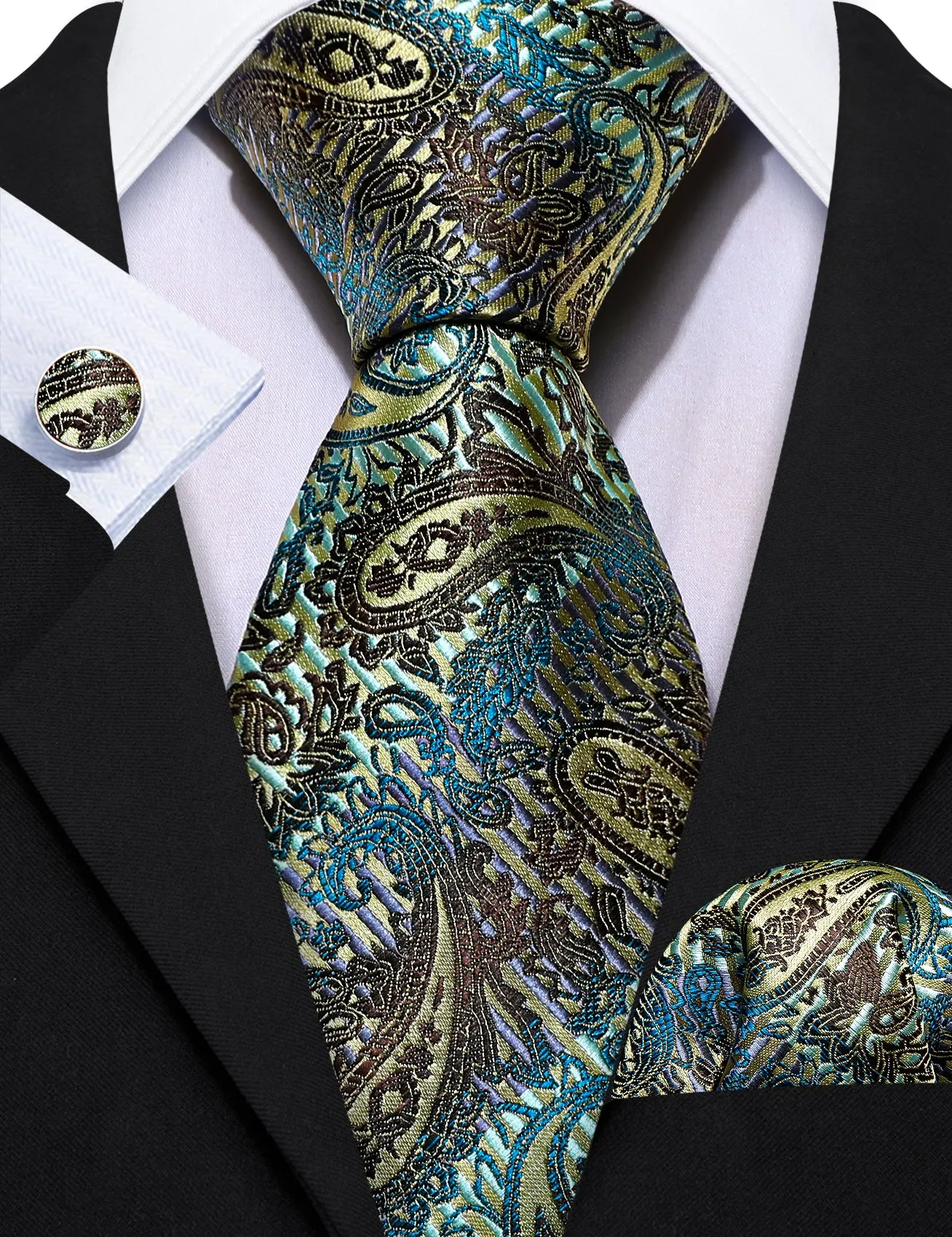 Barry.Wang Black Tie Gold Paisley Men's Silk Tie Pocket Square Cufflinks Set 59 Inches sold by Barrywang product image thumbnail 2