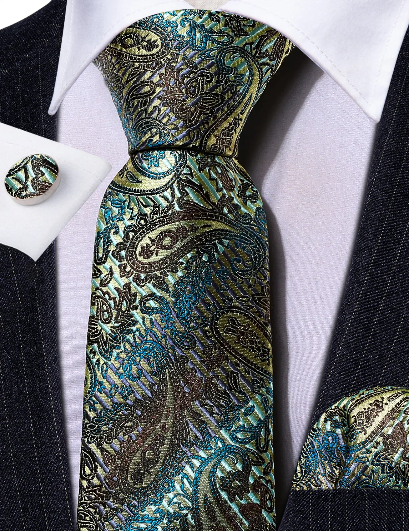 Barry.Wang Black Tie Gold Paisley Men's Silk Tie Pocket Square Cufflinks Set 59 Inches sold by Barrywang product image thumbnail 3