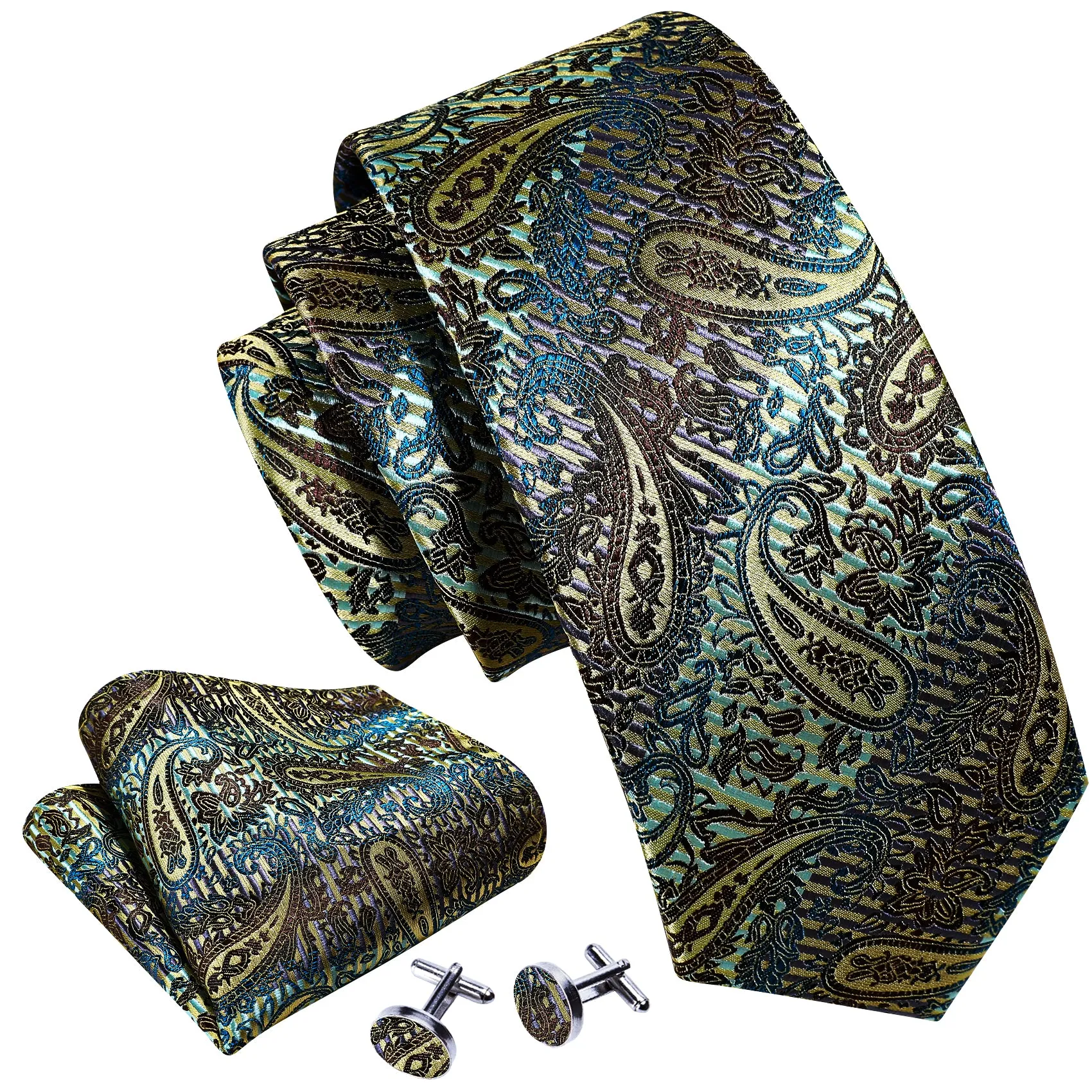 Barry.Wang Black Tie Gold Paisley Men's Silk Tie Pocket Square Cufflinks Set 59 Inches sold by Barrywang product image thumbnail 4