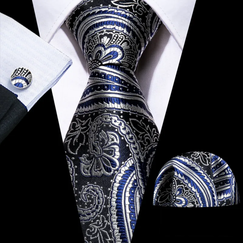 Barry Wang Blue Silver Paisley Jacquard Silk Neck Tie Set for Business sold by Barrywang