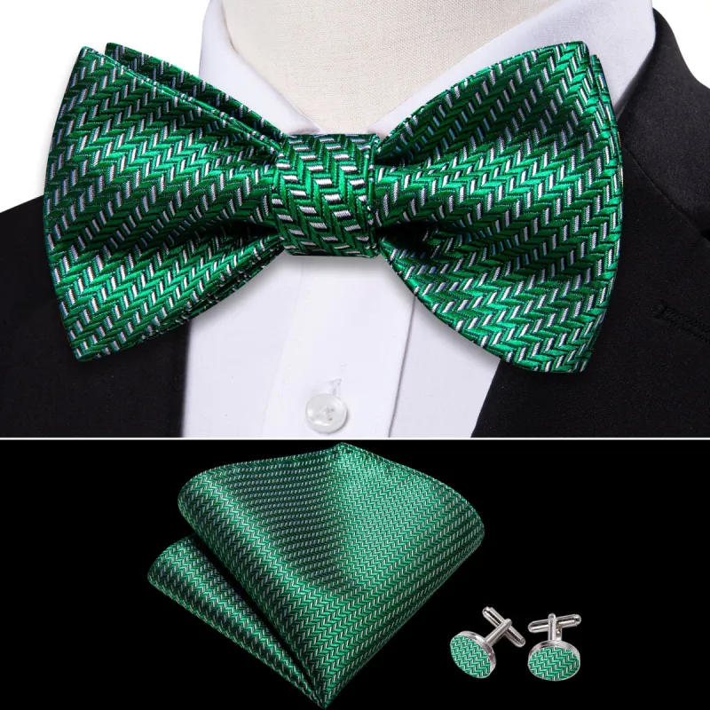 Green White Striped Silk Self Tie Bow Tie Hanky Cufflinks Set sold by Barrywang