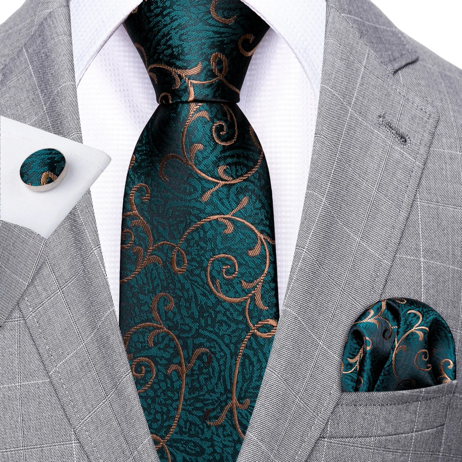 Barry Wang Green Tie Gold Paisley Silk Necktie Hanky Cufflinks Set sold by Barrywang product image thumbnail 2