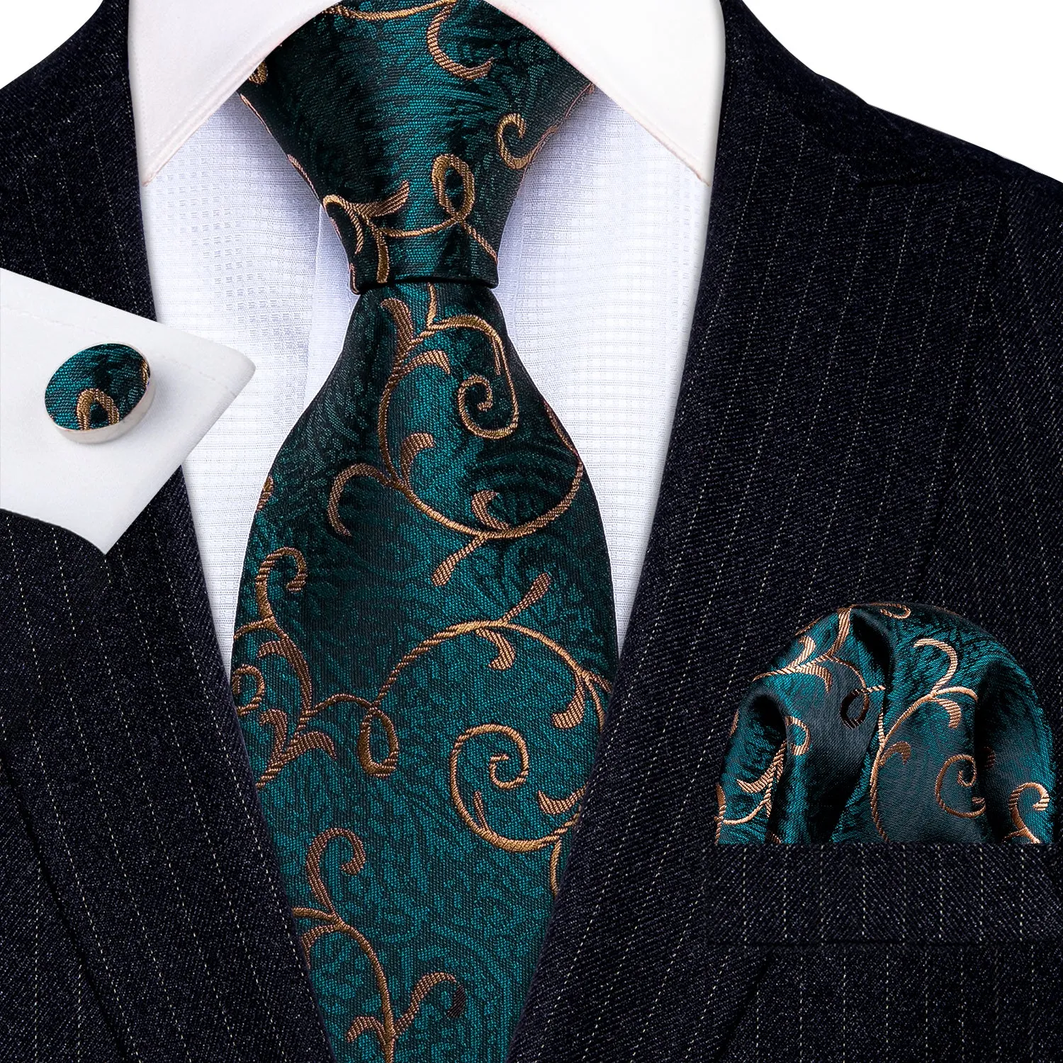 Barry Wang Green Tie Gold Paisley Silk Necktie Hanky Cufflinks Set sold by Barrywang