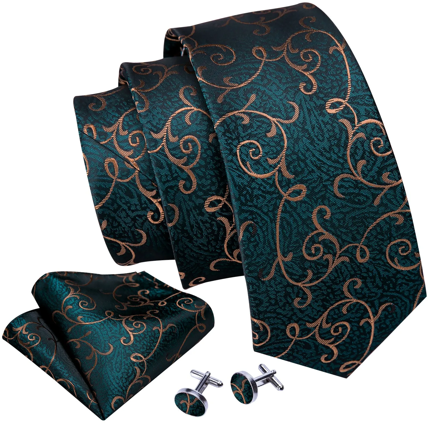Barry Wang Green Tie Gold Paisley Silk Necktie Hanky Cufflinks Set sold by Barrywang product image thumbnail 5