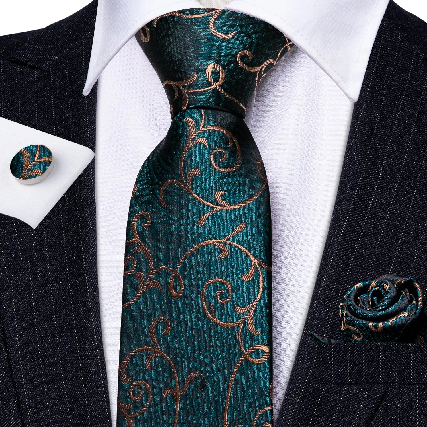 Barry Wang Green Tie Gold Paisley Silk Necktie Hanky Cufflinks Set sold by Barrywang product image thumbnail 4