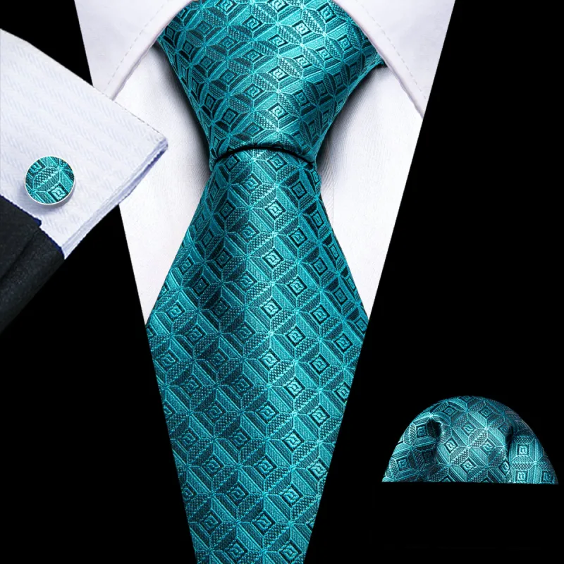 Barry Wang Teal Blue Tie Novetly Silk Tie Handkerchief Cufflinks Set sold by Barrywang