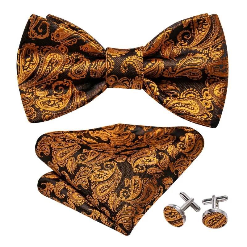 Barry Wang Black Gold Brown Black Paisley Bow Tie Hanky Cufflinks Set sold by Barrywang