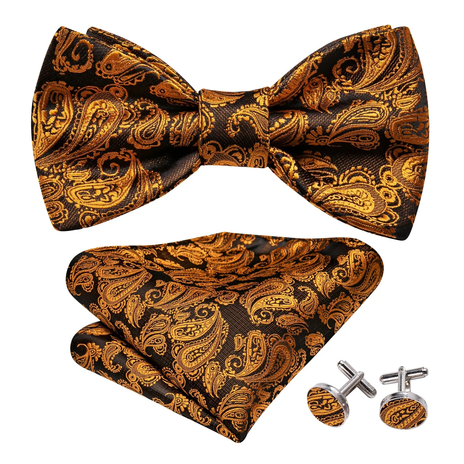 Barry. Wang Black Gold Brown Black Paisley Bow Tie Hanky Cufflinks Set sold by Barrywang