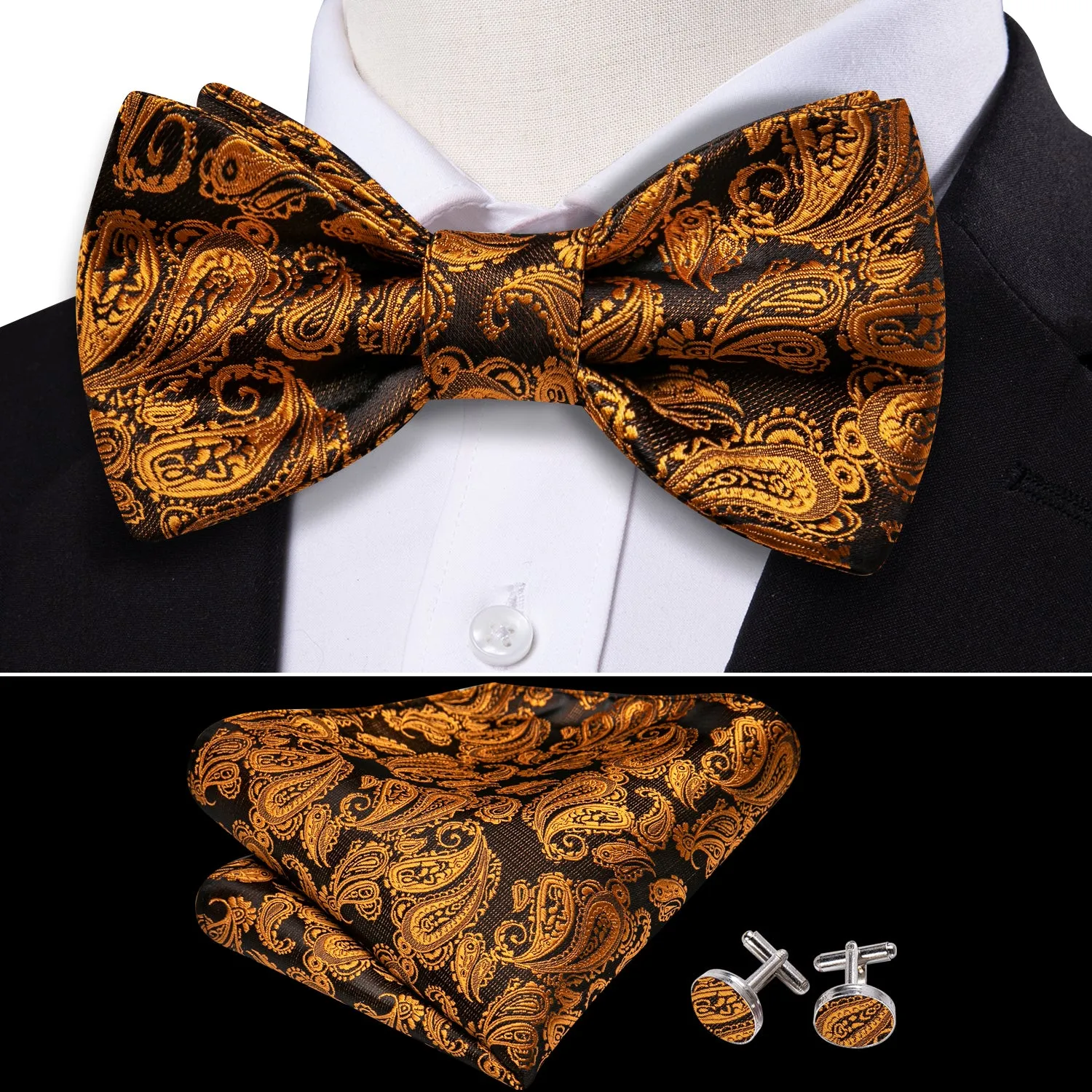 Barry. Wang Black Gold Brown Black Paisley Bow Tie Hanky Cufflinks Set sold by Barrywang product image thumbnail 3