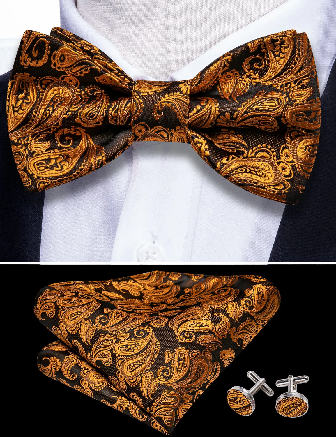 Barry. Wang Black Gold Brown Black Paisley Bow Tie Hanky Cufflinks Set sold by Barrywang product image thumbnail 4