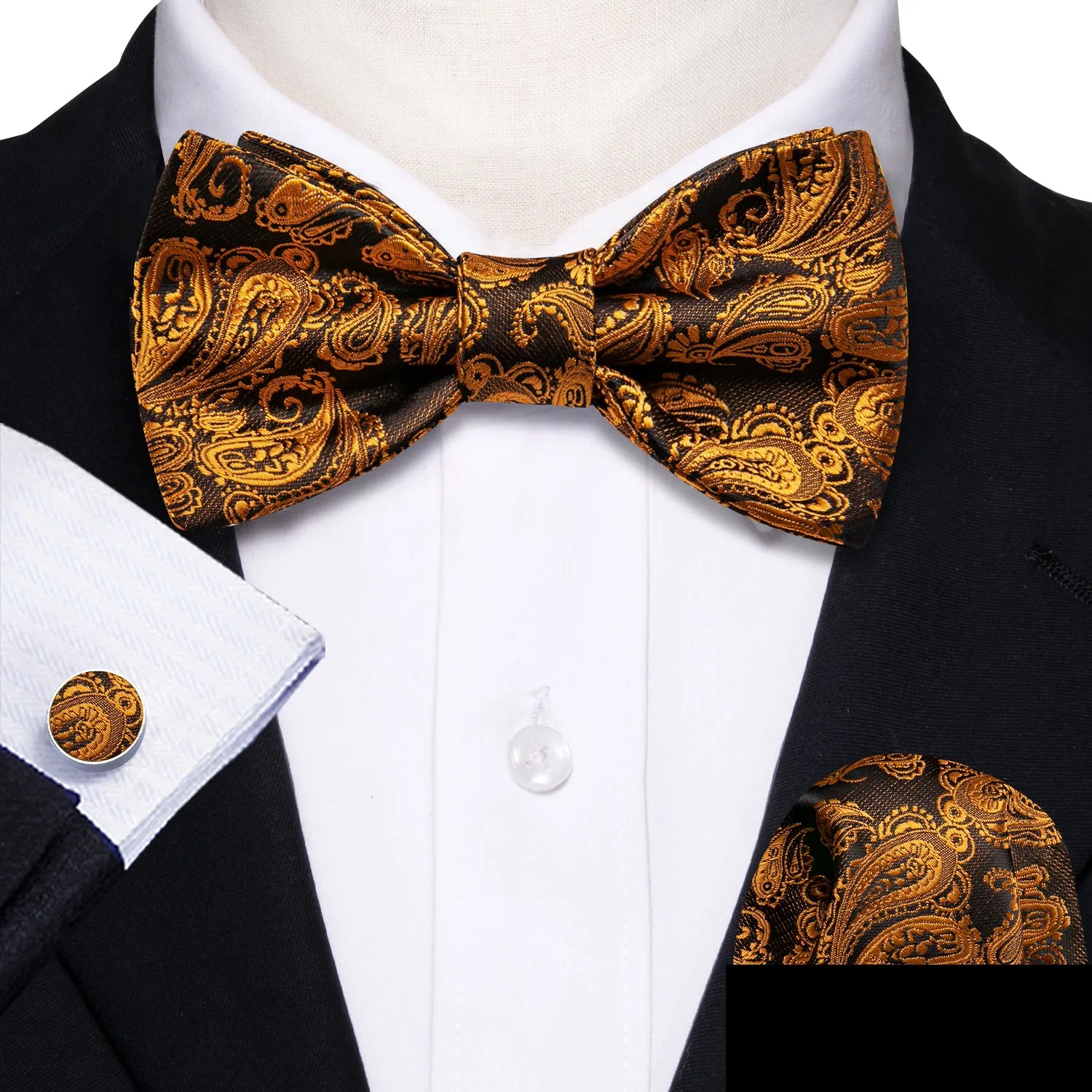 Barry. Wang Black Gold Brown Black Paisley Bow Tie Hanky Cufflinks Set sold by Barrywang product image thumbnail 2