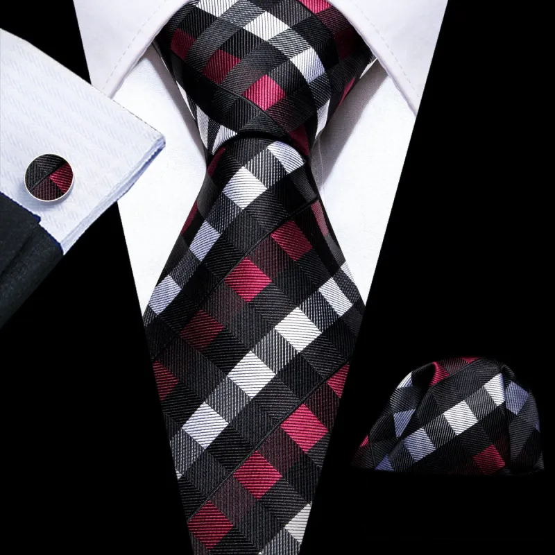 Barry Wang Black Tie Red White Plaid Tie Pocket Square Cufflinks Set sold by Barrywang