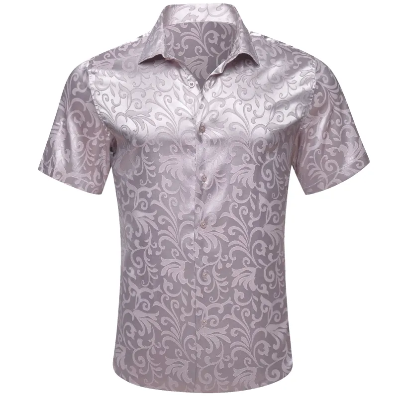 Barry Wang Button Up Shirts Grey White Pink Floral Short Sleeves Shirt sold by Barrywang