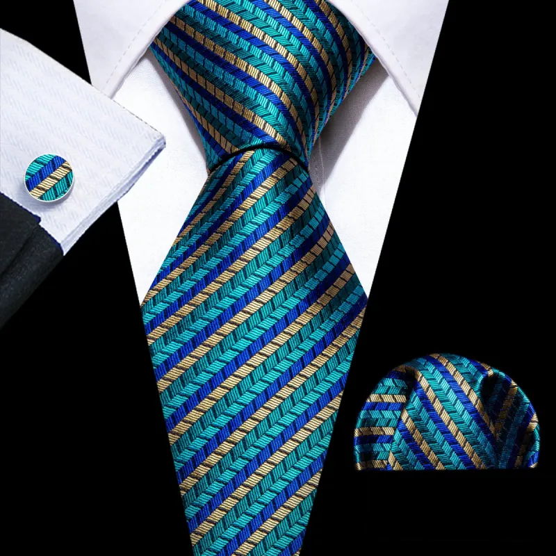 Barry Wang Teal Blue Tie Beige Green Striped Men's Silk Necktie Set sold by Barrywang