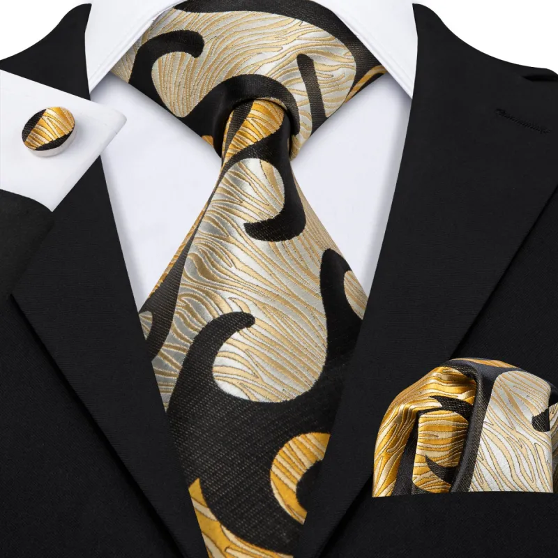 Barry Wang Black Yellow Novelty Silk Tie Hanky Cufflinks Set for Men sold by Barrywang