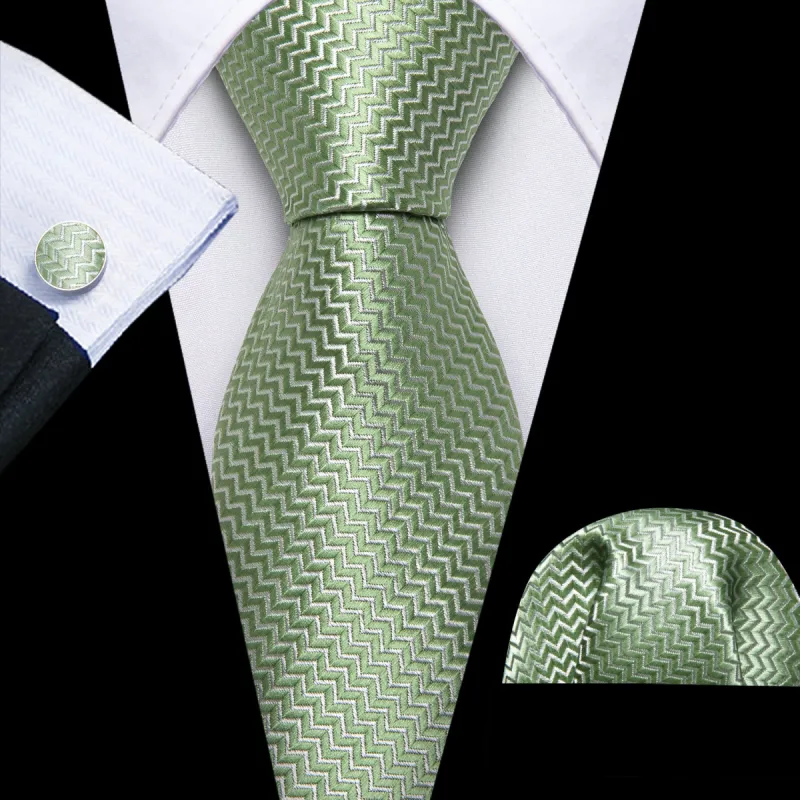 Barry Wang Green Ripple Silk 63 Inches Extra Long Tie Hanky Cufflinks Set sold by Barrywang
