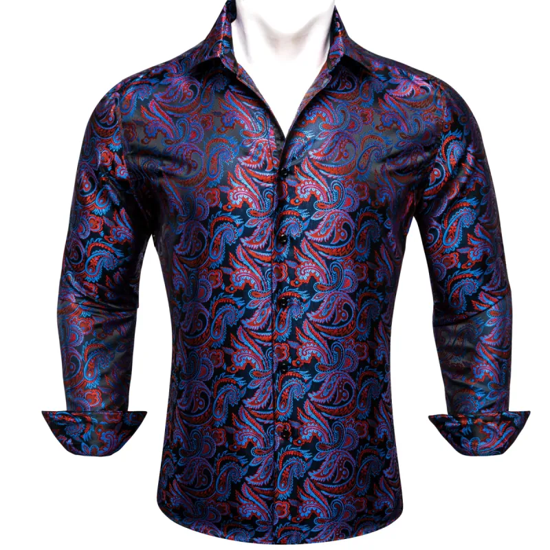Barry Wang Blue Red Paisley Silk Men's Shirt sold by Barrywang