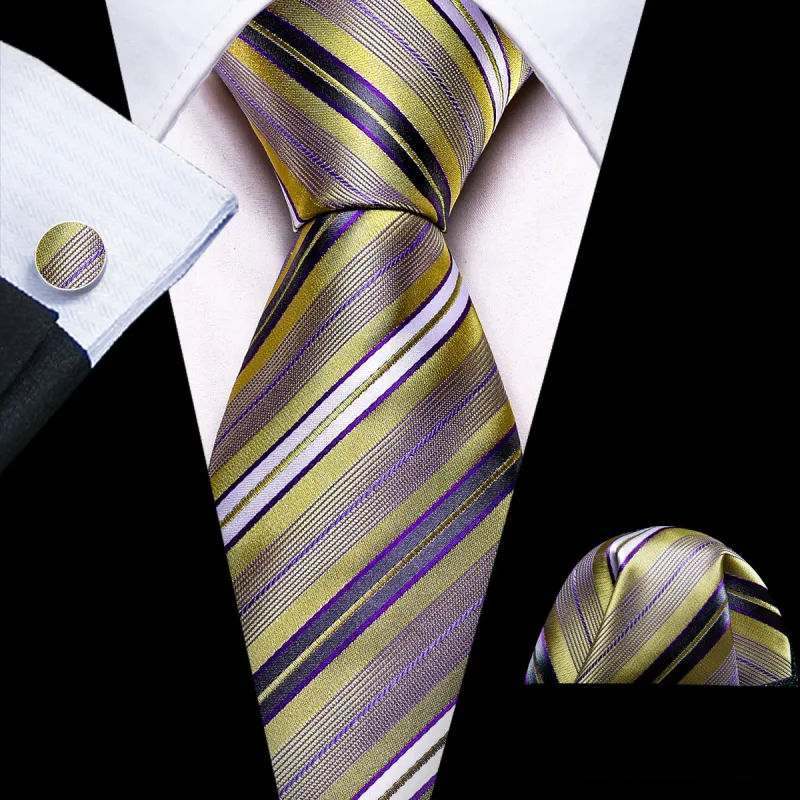 Barry.Wang Men's Tie Dark Purple White Gold Striped Silk Tie Handy Cufflinks Set sold by Barrywang