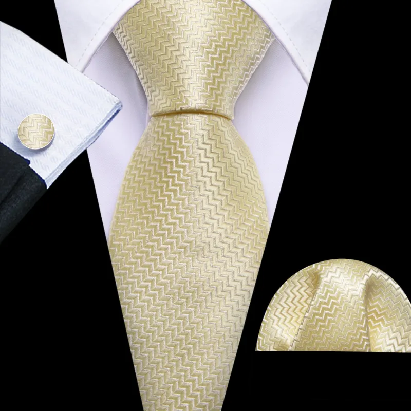 Barry Wang Light Yellow Ripple Silk 63 Inches Extra Long Tie Hanky Cufflinks Set sold by Barrywang